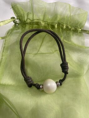 Classic White Pearl on Brown Cord Adjustable Bracelet